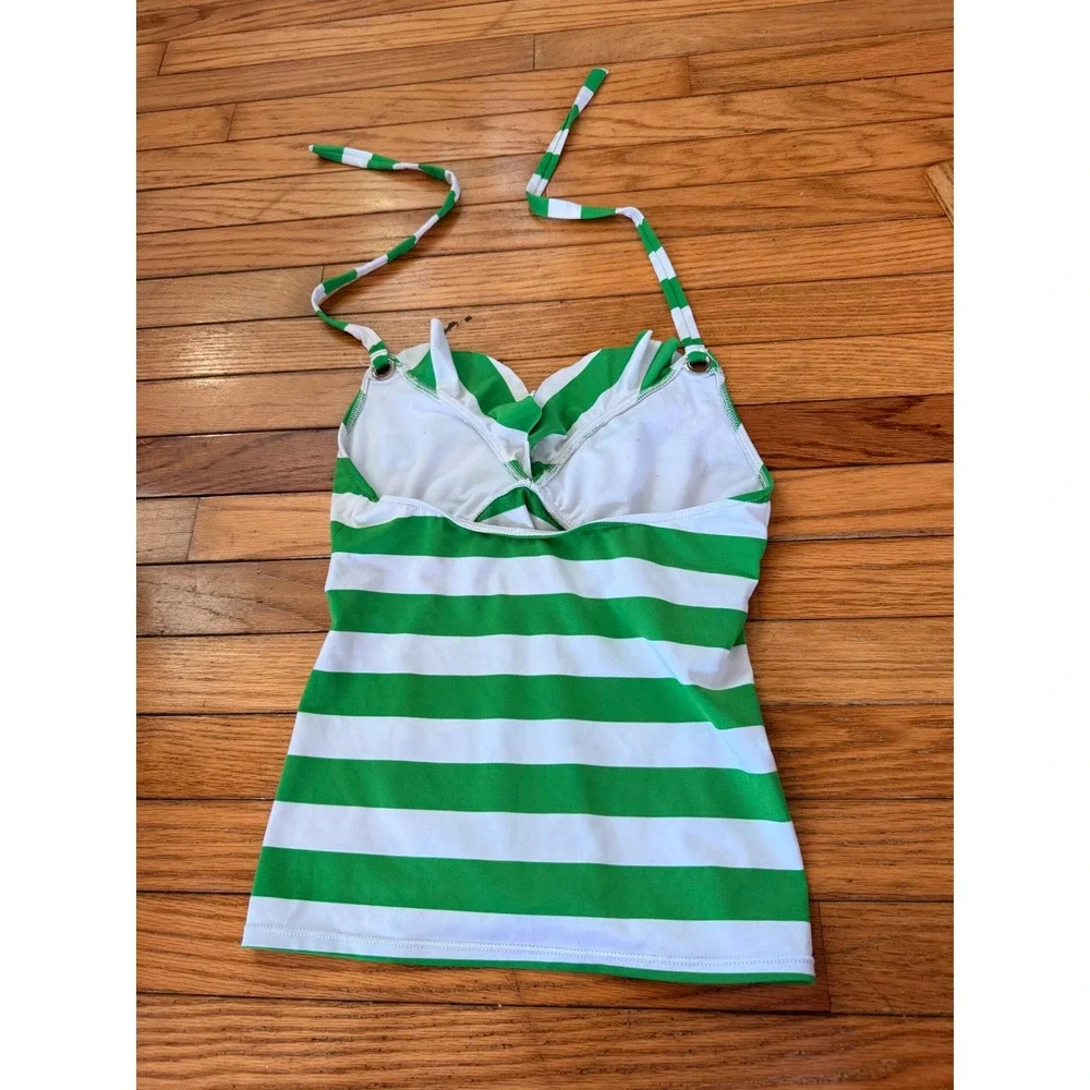 Y2K 2000s style Ralph Lauren Green White Striped Ruffle Halter‎ Tankini Swim Top